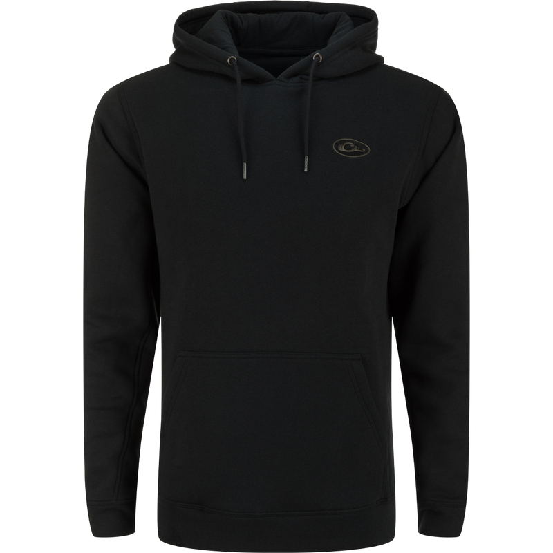 A high-quality Drake Three End Logo Hoodie in black, featuring a logo, kangaroo pocket, and lined hood with drawstrings. Ideal for outdoor activities and casual wear.