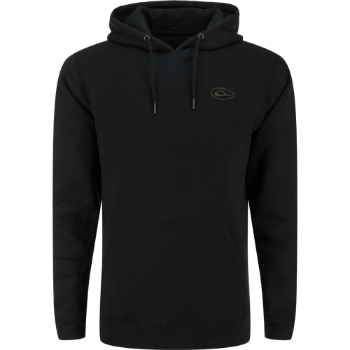A high-quality Drake Three End Logo Hoodie in black, featuring a logo, kangaroo pocket, and lined hood with drawstrings. Ideal for outdoor activities and casual wear.