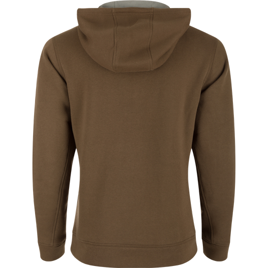 A durable Three End Logo Hoodie from Drake Waterfowl, ideal for outdoor adventures. Features a kangaroo pocket and adjustable hood for comfort and warmth.