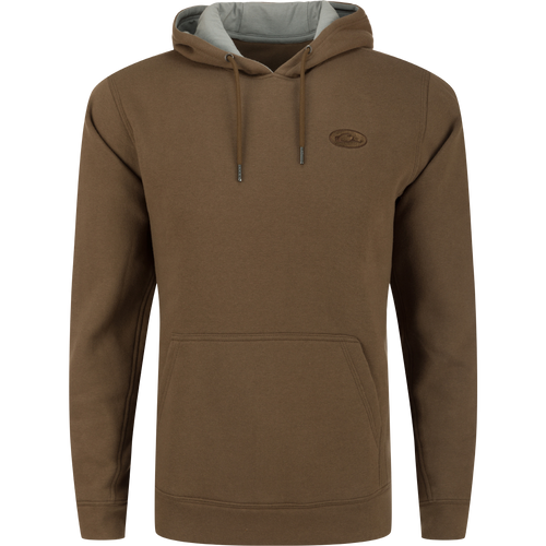 A high-quality Drake 3 End Logo Hoodie in brown, featuring a lined hood, kangaroo pocket, and adjustable drawstrings. Ideal for layering in cold weather.