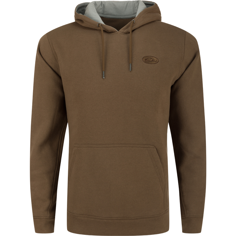 A high-quality Drake 3 End Logo Hoodie in brown, featuring a lined hood, kangaroo pocket, and adjustable drawstrings. Ideal for layering in cold weather.