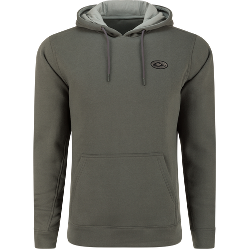 A durable Three End Hoodie by Drake Waterfowl, blending cotton and polyester for comfort. Features a kangaroo pocket and adjustable hood for versatile wear.