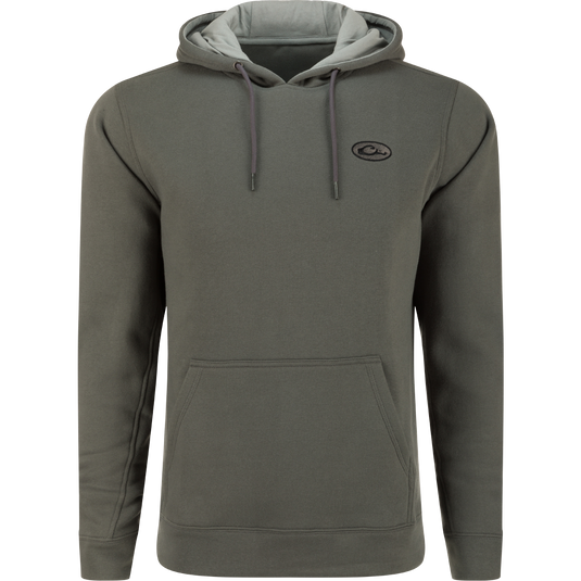 A durable Three End Hoodie by Drake Waterfowl, blending cotton and polyester for comfort. Features a kangaroo pocket and adjustable hood for versatile wear.