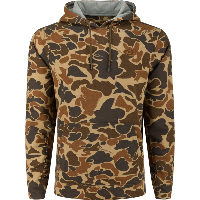 A durable Three End Hoodie by Drake Waterfowl, crafted from 55% BCI Cotton/45% Polyester blend. Features a kangaroo pocket and lined hood with adjustable drawstrings. Ideal for outdoor pursuits.