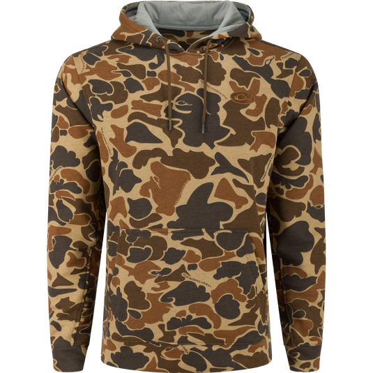 A durable Three End Hoodie by Drake Waterfowl, crafted from 55% BCI Cotton/45% Polyester blend. Features a kangaroo pocket and lined hood with adjustable drawstrings. Ideal for outdoor pursuits.