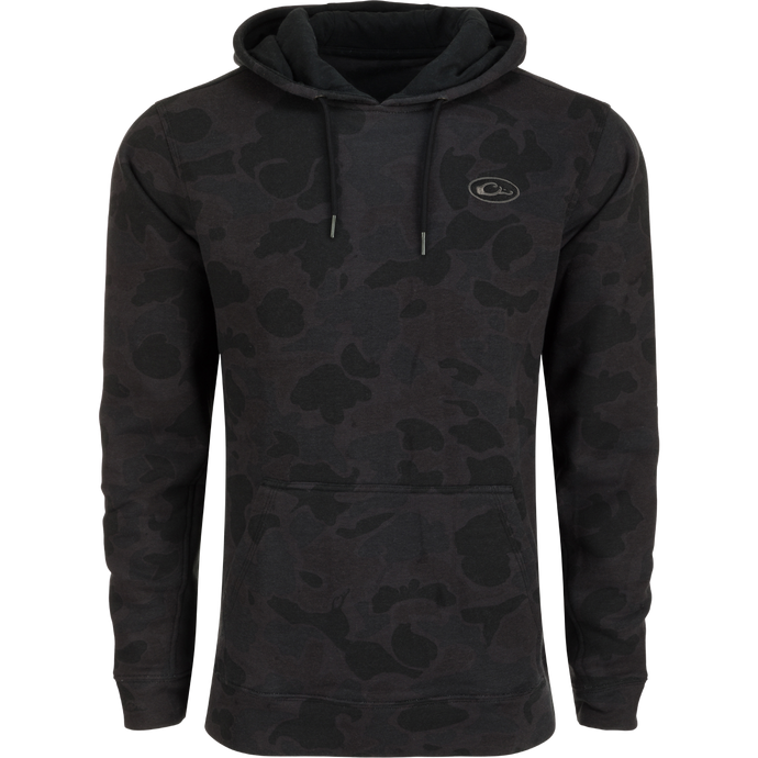 A midweight Drake 3 End Logo Hoodie in black with a camouflage pattern. Features kangaroo pocket, lined hood with drawstrings, and built-in stretch. Ideal for outdoor activities.