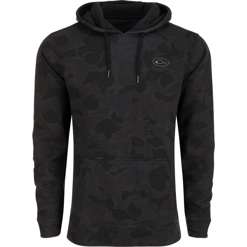 A midweight Drake 3 End Logo Hoodie in black with a camouflage pattern. Features kangaroo pocket, lined hood with drawstrings, and built-in stretch. Ideal for outdoor activities.