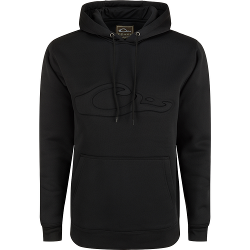 A durable Back Eddy Embossed Logo Hoodie from Drake Waterfowl, crafted from 100% polyester with DWR coating for light rain protection. Features kangaroo pocket and adjustable hood for outdoor comfort.