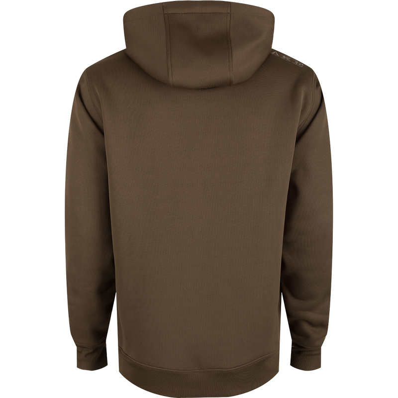 A brown Drake Back Eddy Embossed Logo Hoodie with kangaroo pocket and adjustable hood drawstrings. DWR coating for light rain protection, ideal for hunting and outdoor activities.