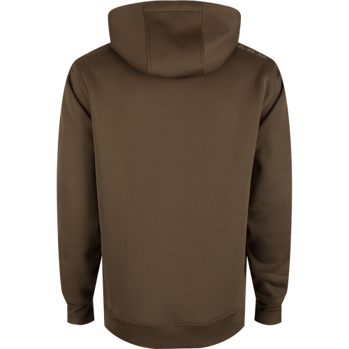 A brown Drake Back Eddy Embossed Logo Hoodie with kangaroo pocket and adjustable hood drawstrings. DWR coating for light rain protection, ideal for hunting and outdoor activities.