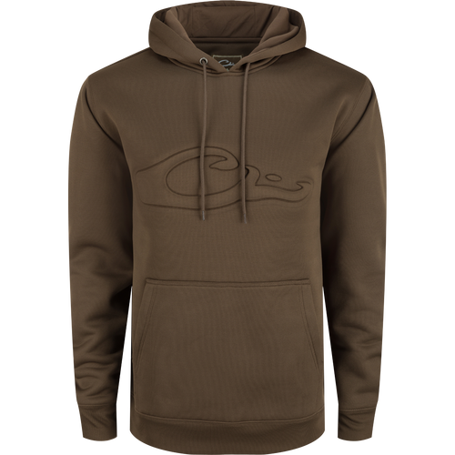 A durable Back Eddy Embossed Logo Hoodie by Drake Waterfowl, featuring a raised logo, DWR coating, kangaroo pocket, and adjustable hood. Ideal for hunting and outdoor activities.