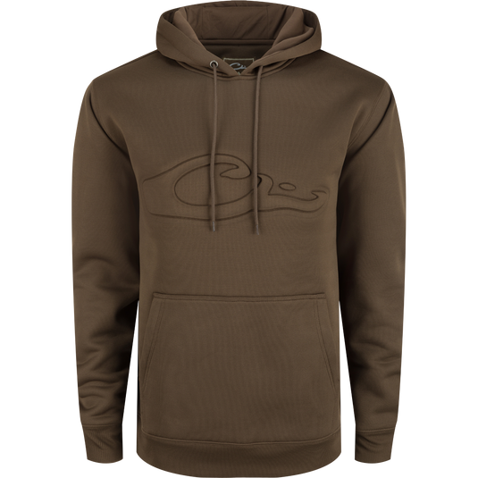 A durable Back Eddy Embossed Logo Hoodie by Drake Waterfowl, featuring a raised logo, DWR coating, kangaroo pocket, and adjustable hood. Ideal for hunting and outdoor activities.