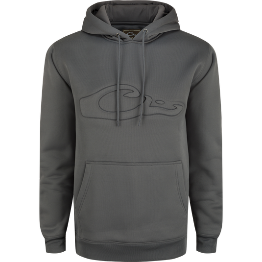 A durable Back Eddy Embossed Logo Hoodie by Drake Waterfowl, featuring a raised logo, DWR finish, kangaroo pocket, and adjustable hood. Ideal for outdoor activities.