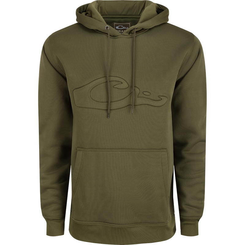 A durable Back Eddy Embossed Logo Hoodie by Drake Waterfowl, crafted from 100% polyester with DWR coating for light rain protection. Features kangaroo pocket and adjustable hood for outdoor comfort.