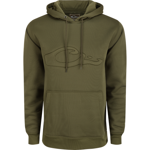 A durable Back Eddy Embossed Logo Hoodie by Drake Waterfowl, crafted from 100% polyester with DWR coating for light rain protection. Features kangaroo pocket and adjustable hood for outdoor comfort.