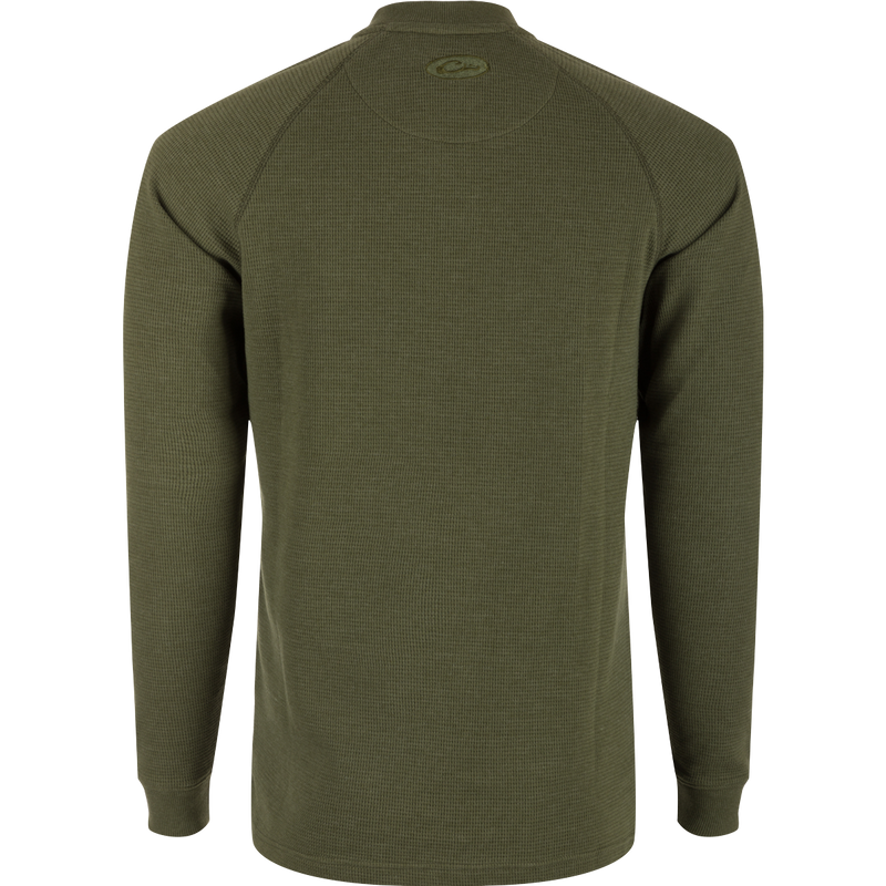 A high-quality Weston Lakes Waffle Long Sleeve Henley by Drake Men's, featuring raglan sleeves, metal logo buttons, and a split tail hem. Ideal for hunting and outdoor activities.