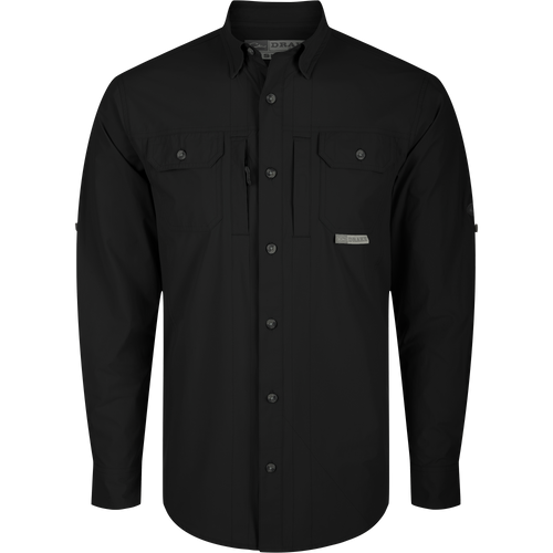 Wingshooter Trey Shirt L/S: Black long-sleeved performance shirt with hidden button-down collar, vented back, and chest pockets. Features moisture-wicking, UPF 30 protection, and adjustable roll-up sleeves.