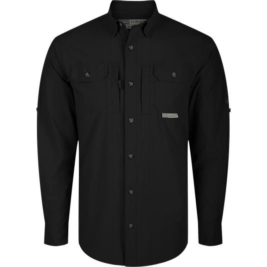 Wingshooter Trey Shirt L/S: Black long-sleeved performance shirt with hidden button-down collar, vented back, and chest pockets. Features moisture-wicking, UPF 30 protection, and adjustable roll-up sleeves.