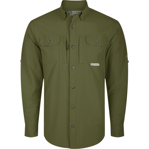 Wingshooter Trey Shirt L/S: Long-sleeved green shirt with hidden button-down collar, two flap chest pockets, vented back, and adjustable roll-up sleeves. Ideal for performance and outdoor activities.