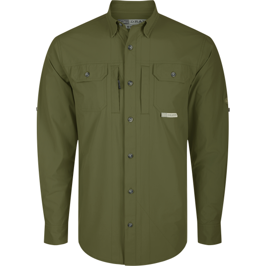 Wingshooter Trey Shirt L/S: Long-sleeved green shirt with hidden button-down collar, two flap chest pockets, vented back, and adjustable roll-up sleeves. Ideal for performance and outdoor activities.