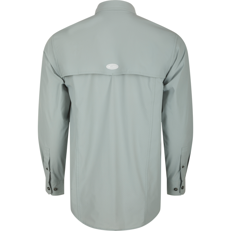 Back view of the Drake Wingshooter Trey Shirt L/S, showcasing its vented cape back and long sleeves.