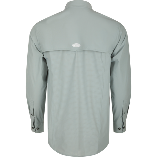 Back view of the Drake Wingshooter Trey Shirt L/S, showcasing its vented cape back and long sleeves.