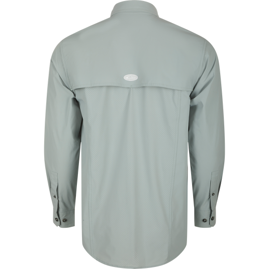 Back view of the Drake Wingshooter Trey Shirt L/S, showcasing its vented cape back and long sleeves.