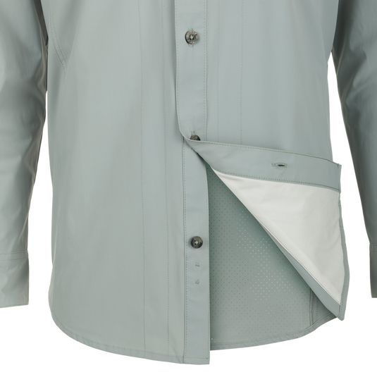 Close-up of the Drake Wingshooter Trey Shirt L/S, showcasing its button-down collar and chest pockets with vented back for performance and comfort.