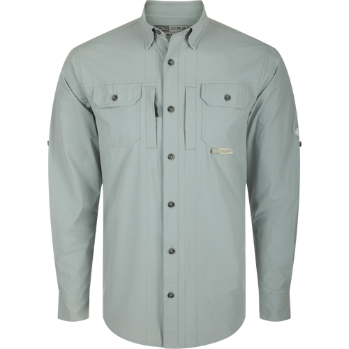 Wingshooter Trey Shirt L/S: Long-sleeved, button-down performance shirt with hidden button-down collar, chest pockets, vented back, and adjustable roll-up sleeves.