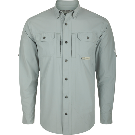 Wingshooter Trey Shirt L/S: Long-sleeved, button-down performance shirt with hidden button-down collar, chest pockets, vented back, and adjustable roll-up sleeves.