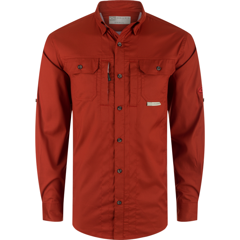 Wingshooter's Trey Dobby Button-Down Long Sleeve Shirt featuring button-through flap chest pockets, vented back, and adjustable cuffs for enhanced performance and comfort.