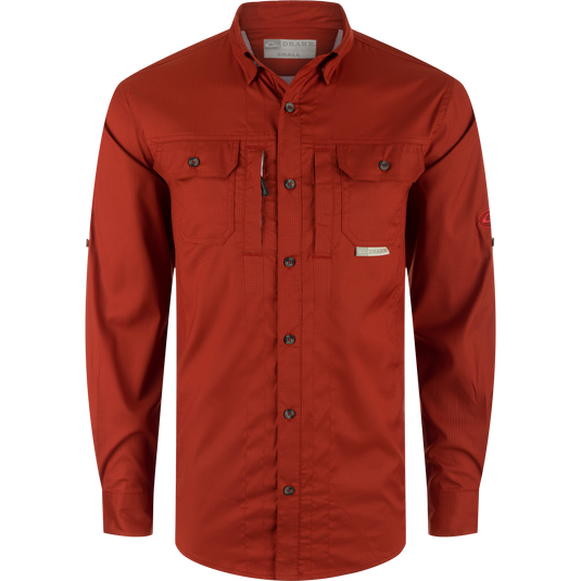 Wingshooter's Trey Dobby Button-Down Long Sleeve Shirt featuring button-through flap chest pockets, vented back, and adjustable cuffs for enhanced performance and comfort.