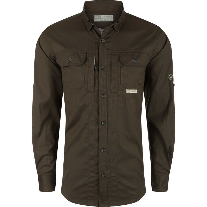 Wingshooter's Trey Dobby Button-Down Long Sleeve Shirt, featuring a waffle dobby fabric, hidden button-down collar, vented back, and chest pockets with closures.