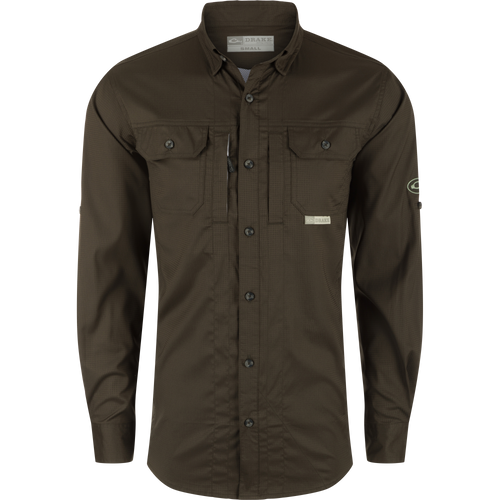 Wingshooter's Trey Dobby Button-Down Long Sleeve Shirt, featuring a waffle dobby fabric, hidden button-down collar, vented back, and chest pockets with closures.