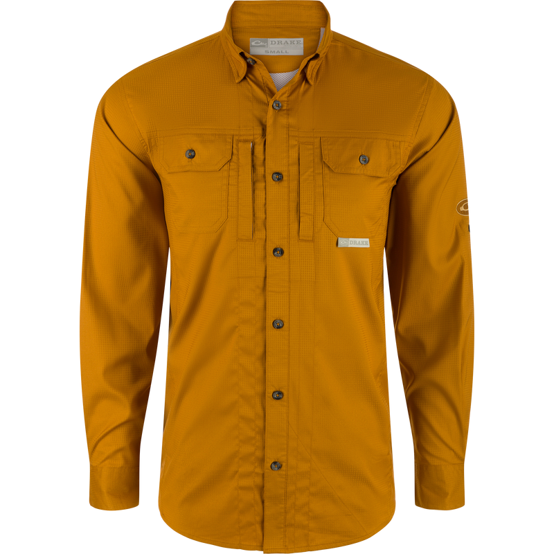 Wingshooter's Trey Dobby Button-Down Long Sleeve Shirt with vented back, adjustable cuffs, and button-through pockets, showcasing performance and heritage design features.