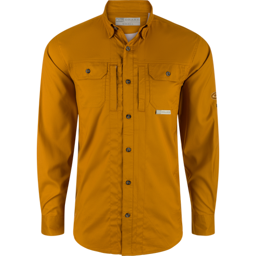 Wingshooter's Trey Dobby Button-Down Long Sleeve Shirt with vented back, adjustable cuffs, and button-through pockets, showcasing performance and heritage design features.