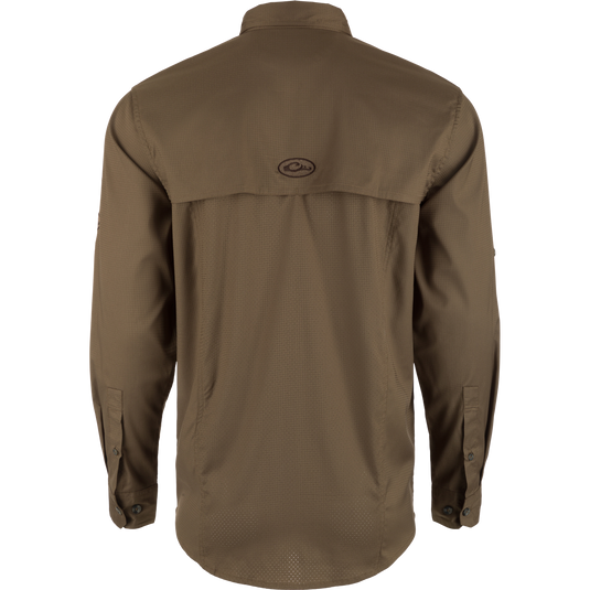 Wingshooter's Trey Dobby Button-Down Long Sleeve Shirt featuring vented cape back, hidden button-down collar, and adjustable cuffs for versatile outdoor performance.