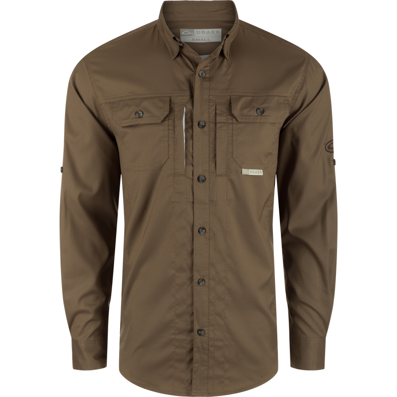 Wingshooter's Trey Dobby Button-Down Long Sleeve Shirt featuring vented cape back, hidden button-down collar, and two flap chest pockets. Ideal for performance and versatility.