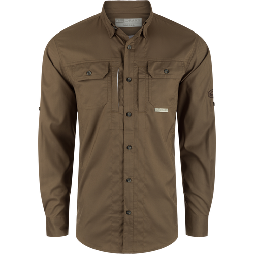 Wingshooter's Trey Dobby Button-Down Long Sleeve Shirt featuring vented cape back, hidden button-down collar, and two flap chest pockets. Ideal for performance and versatility.