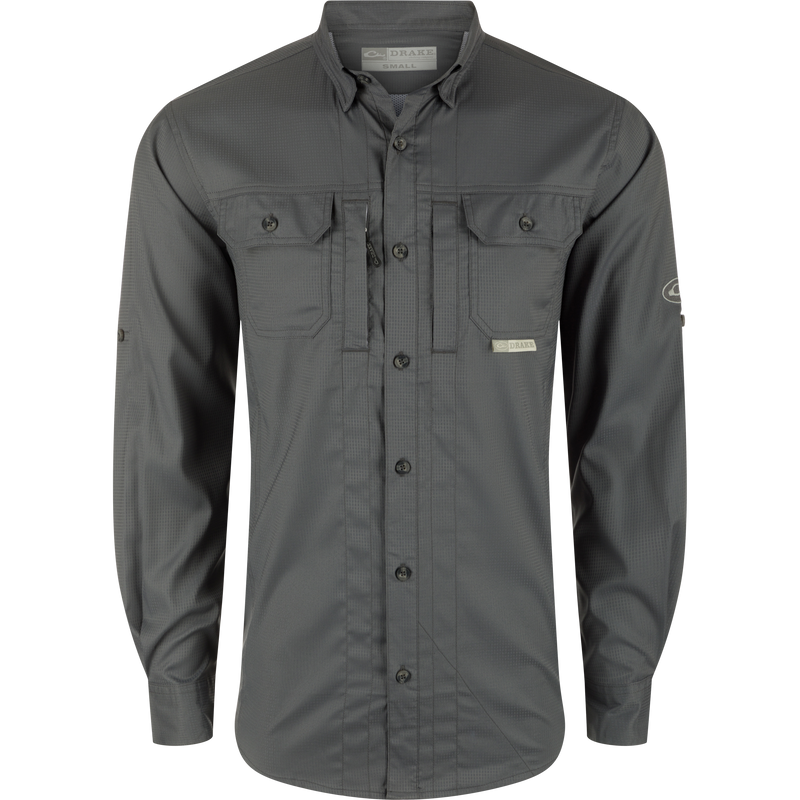 Wingshooter's Trey Dobby Button-Down Long Sleeve Shirt showcasing its button-down collar, flap chest pockets, and vented back for performance and comfort.