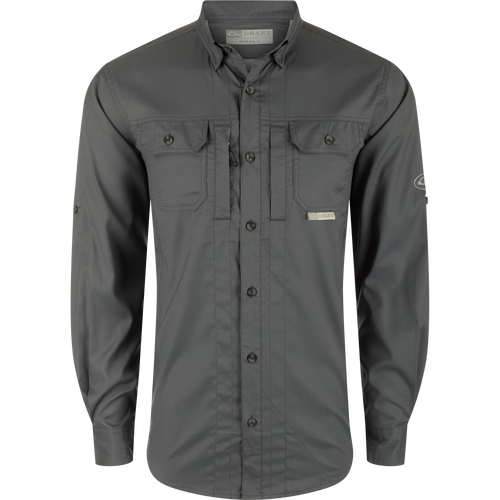 Wingshooter's Trey Dobby Button-Down Long Sleeve Shirt showcasing its button-down collar, flap chest pockets, and vented back for performance and comfort.