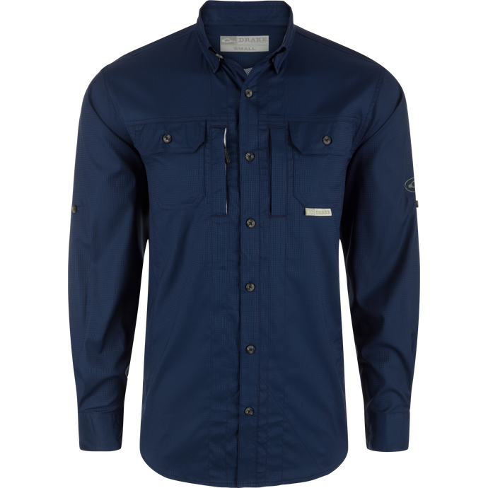 Wingshooter's Trey Dobby Button-Down Long Sleeve Shirt with vented back, button-through flap pockets, and adjustable sleeves, designed for performance and comfort.