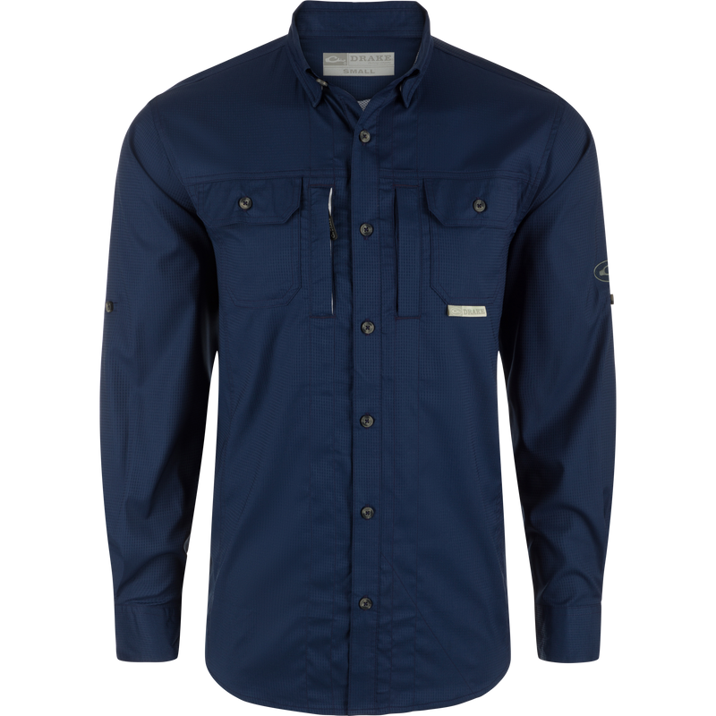 Wingshooter's Trey Dobby Button-Down Long Sleeve Shirt with vented back, button-through flap pockets, and adjustable sleeves, designed for performance and comfort.