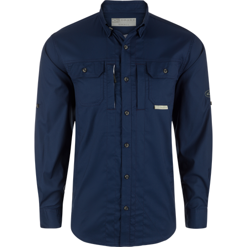 Wingshooter's Trey Dobby Button-Down Long Sleeve Shirt with vented back, button-through flap pockets, and adjustable sleeves, designed for performance and comfort.