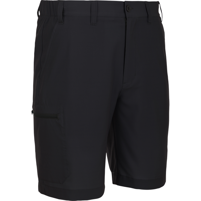 Caviar Black Traveler Trek Short with pockets, zipper, and fabric details for outdoor adventures.