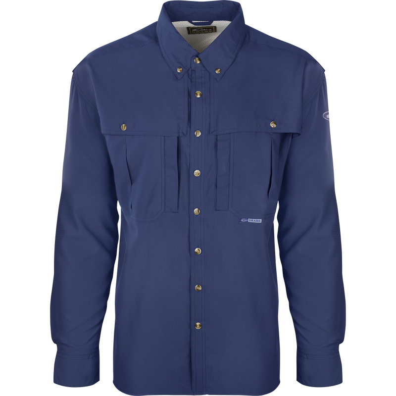 Flyweight Wingshooter's Shirt L/S featuring long sleeves, button-up front, collar, vented back, vertical chest pockets, and mesh side panels for breathability and functionality.