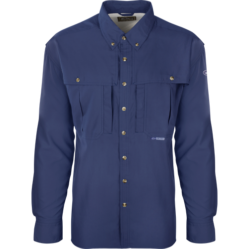 Flyweight Wingshooter's Shirt L/S featuring long sleeves, button-up front, collar, vented back, vertical chest pockets, and mesh side panels for breathability and functionality.