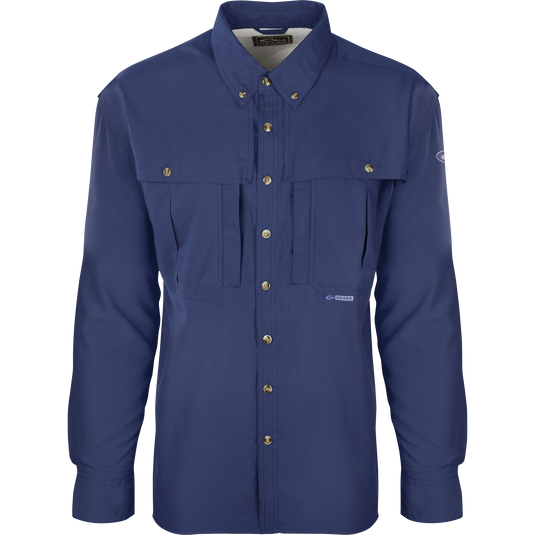 Flyweight Wingshooter's Shirt L/S featuring long sleeves, button-up front, collar, vented back, vertical chest pockets, and mesh side panels for breathability and functionality.