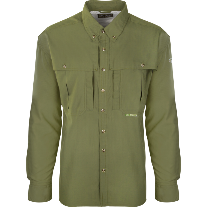 Flyweight Wingshooter's Shirt L/S featuring buttons, collar, and Magnattach™ vertical chest pocket, designed for breathability and quick-drying, ideal for warm-weather outdoor activities.