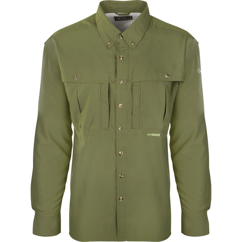 Flyweight Wingshooter's Shirt L/S featuring buttons, collar, and Magnattach™ vertical chest pocket, designed for breathability and quick-drying, ideal for warm-weather outdoor activities.